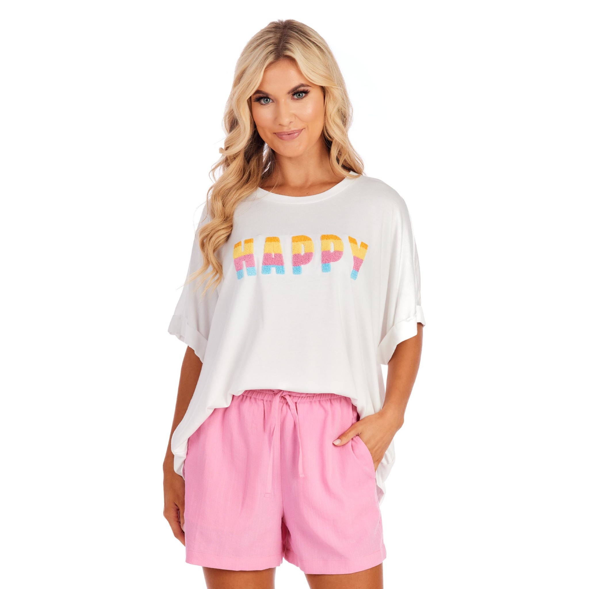 Mudpie White Nate Patch Tee: HAPPY (one size)