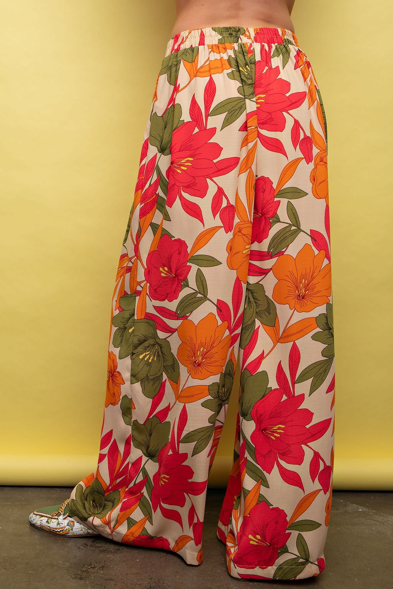 Easel Natural Floral Printed Wide Pants