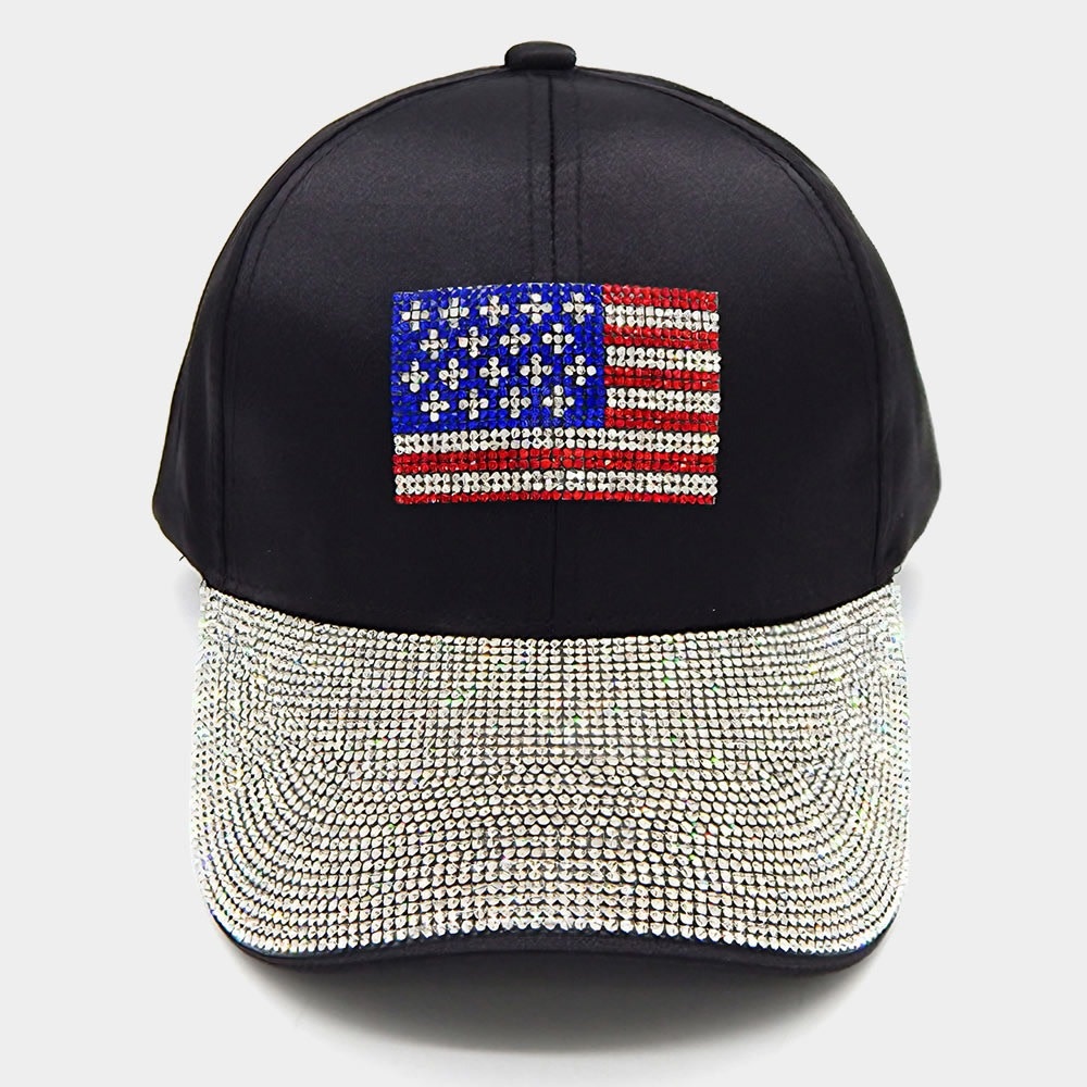 FLEURISH Bling American Flag Accented Black Baseball Cap