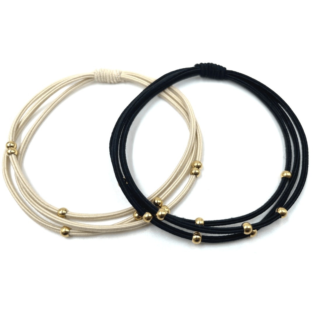 Erin Gray 3mm Gold Water Pony Waterproof Bracelet Hair Bands in Black and Beige