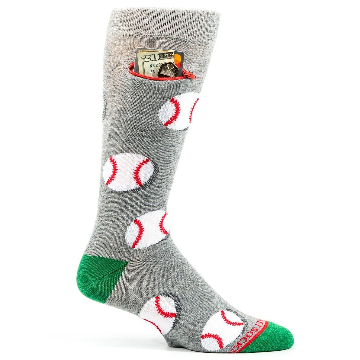 Pocket Socks Baseballs On Green Mens Pocket Socks