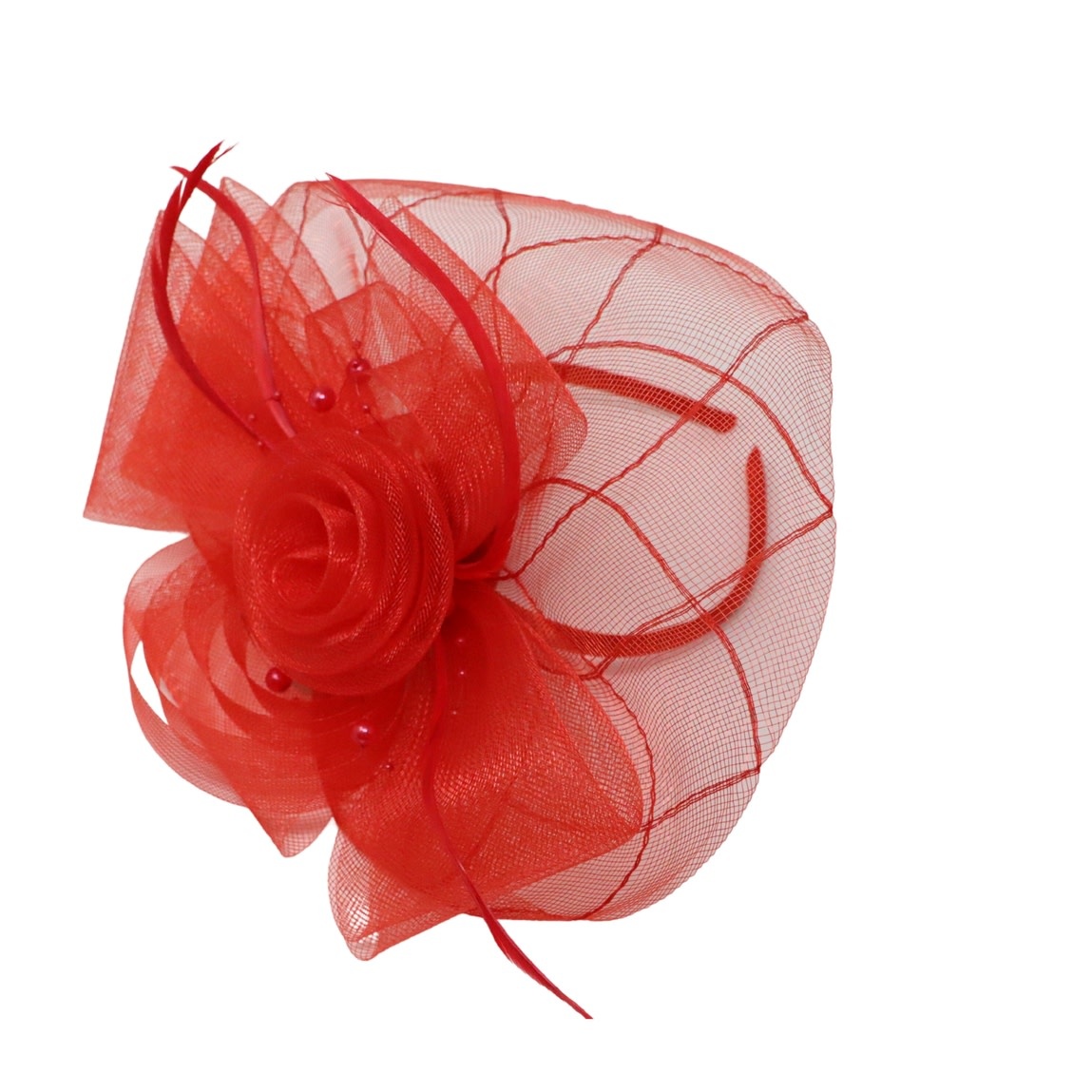 FLEURISH Red Fascinator Beaded Flower w Stitched Net