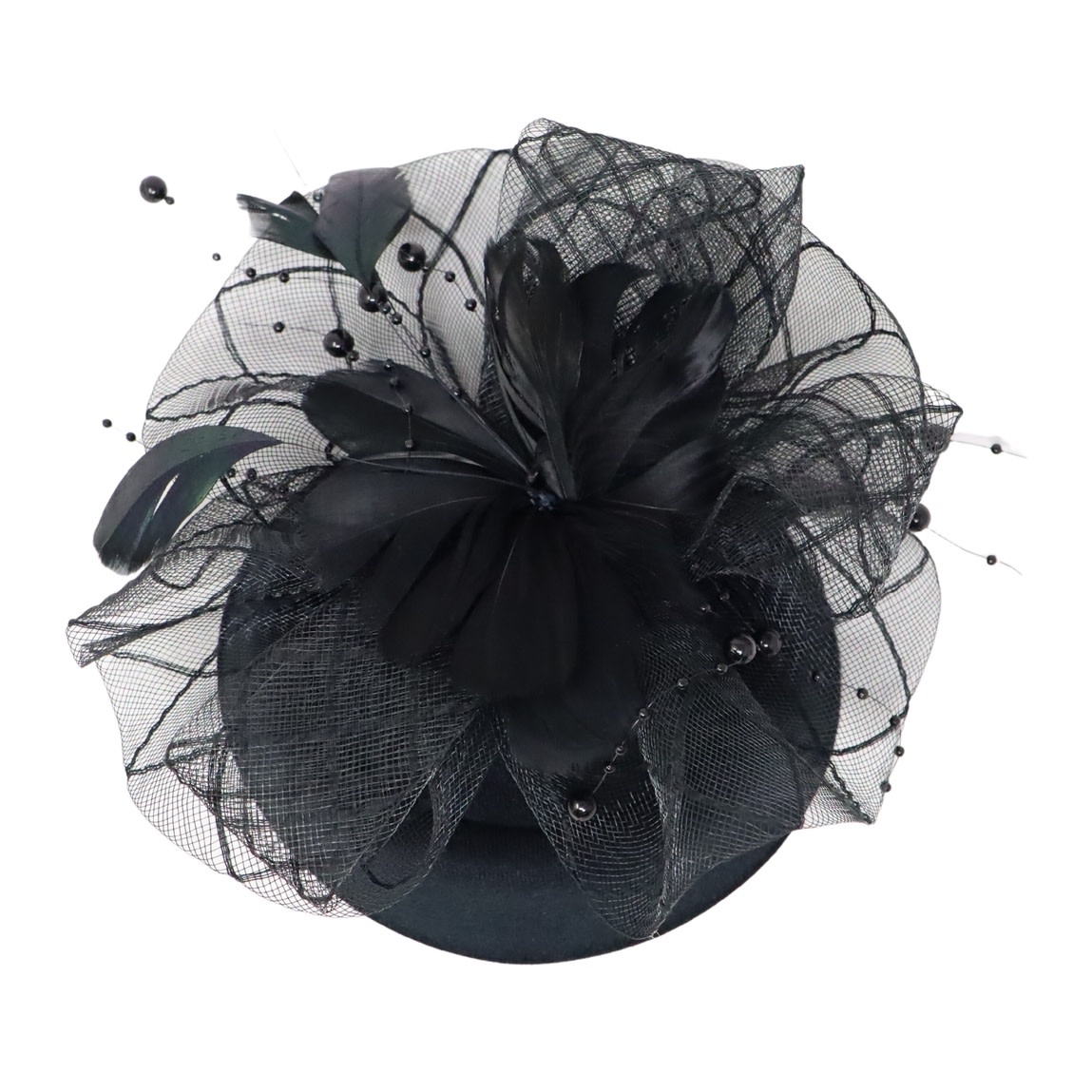 FLEURISH Black Fascinator Beaded Net Bow Cup w Feathers