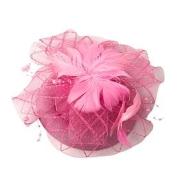 FLEURISH Pink Fascinator Beaded Net Bow Cup w Feathers