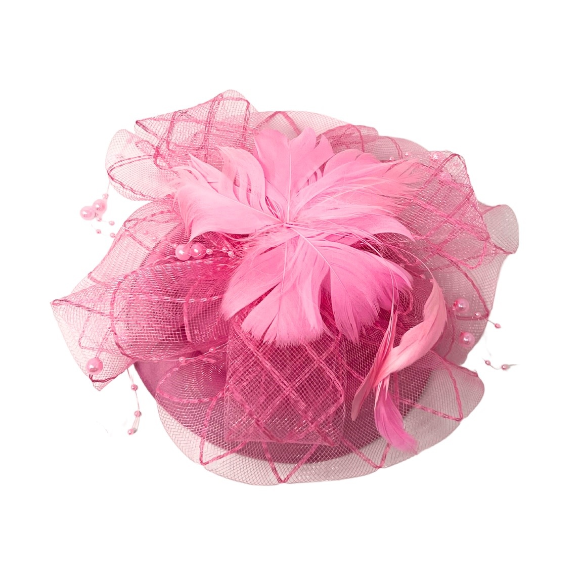 FLEURISH Pink Fascinator Beaded Net Bow Cup w Feathers