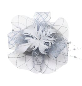 FLEURISH Grey Fascinator Beaded Net Bow Cup w Feathers