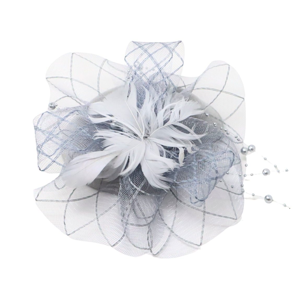 FLEURISH Grey Fascinator Beaded Net Bow Cup w Feathers