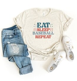 Olive and Ivory Wholesale Oatmeal Eat Sleep Baseball Repeat Colorful SS Graphic Tee