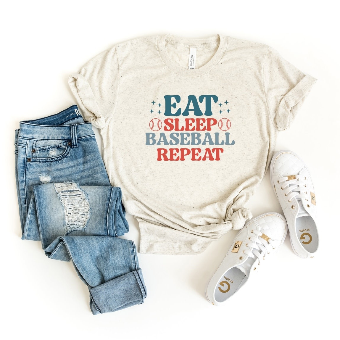 Olive and Ivory Wholesale Oatmeal Eat Sleep Baseball Repeat Colorful SS Graphic Tee