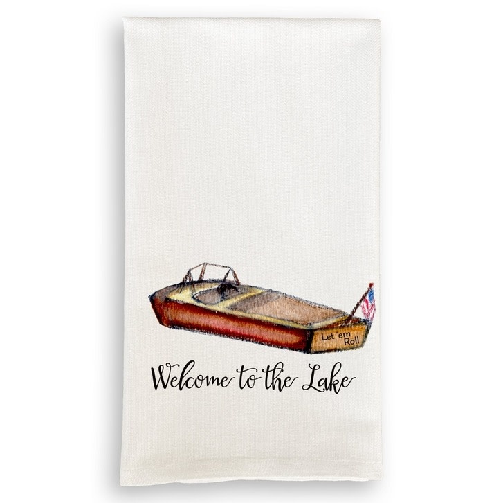 French Graffiti Classic Boat Welcome to the Lake Tea Towel