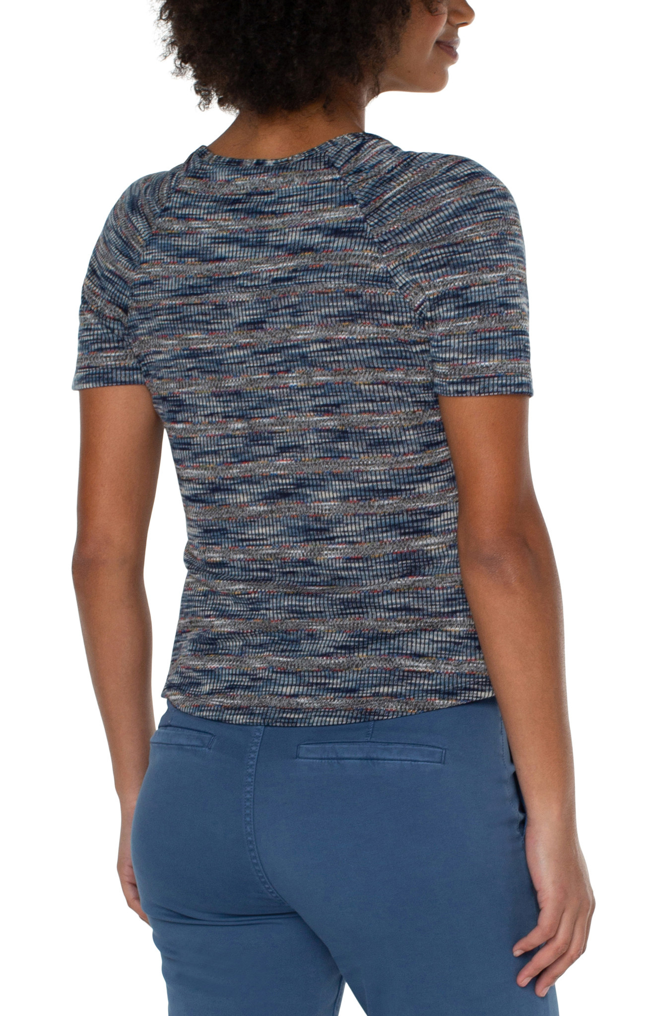 Liverpool Los Angeles Multi Spacedye Stripe Shirred Short Sleeve Knit Tee
