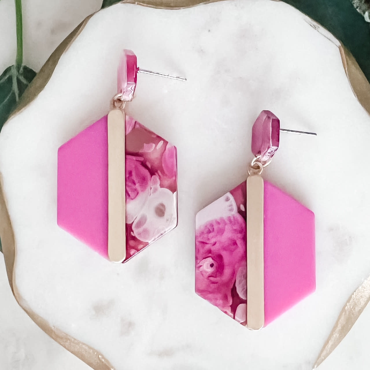 Lou & Co. Pink 2” Hexagon Acetate Earrings