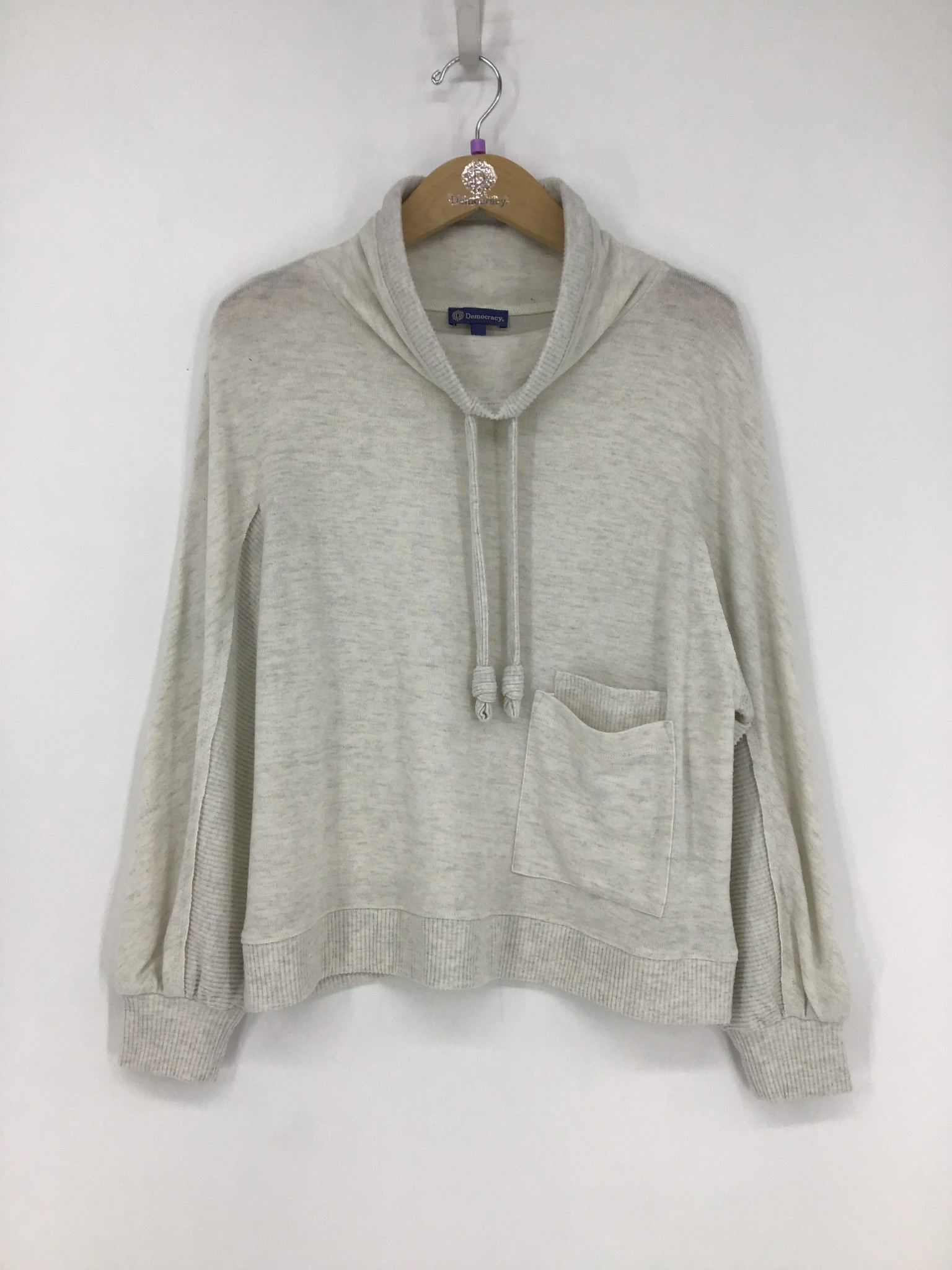 Democracy Heather Ecru Long Blouson Sleeve Banded Mixed Media Knit Top