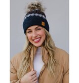 FLEURISH Navy & Brown Fleece Lined Knit Hat w Faux Fur Pom