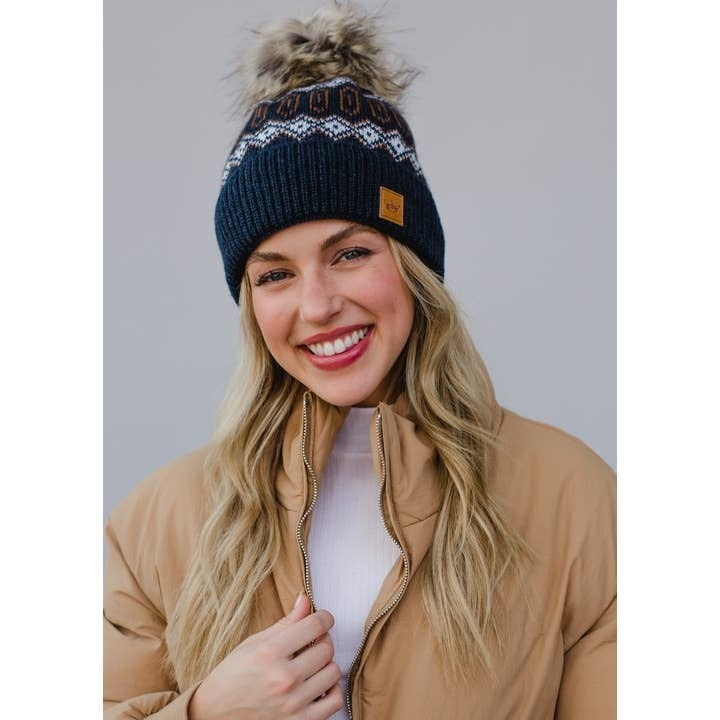 FLEURISH Navy & Brown Fleece Lined Knit Hat w Faux Fur Pom