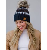 FLEURISH Navy & Brown Fleece Lined Knit Hat w Faux Fur Pom