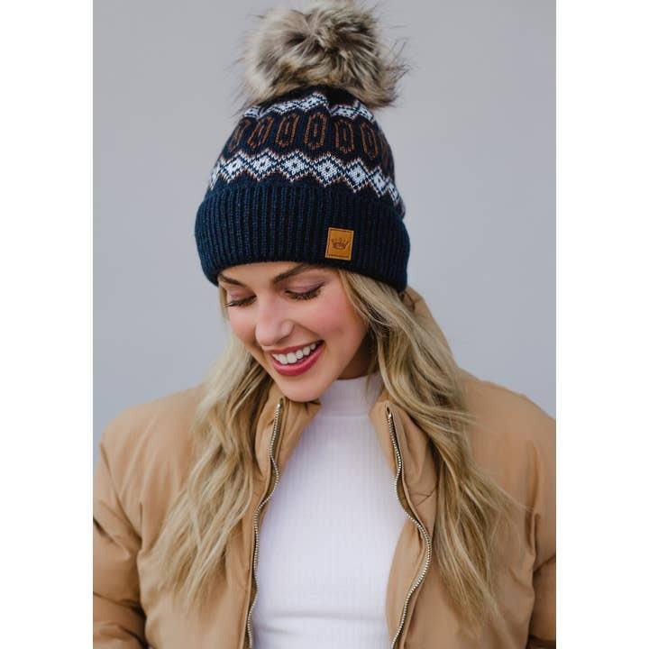 FLEURISH Navy & Brown Fleece Lined Knit Hat w Faux Fur Pom