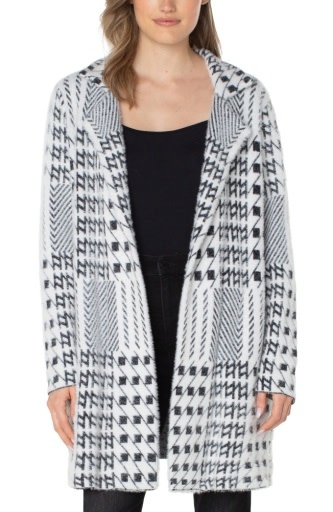 Liverpool Los Angeles Black/White Mixed Plaid Coatigan: Open Front Sweater Coat