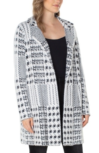 Liverpool Los Angeles Black/White Mixed Plaid Coatigan: Open Front Sweater Coat