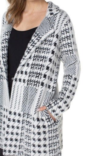 Liverpool Los Angeles Black/White Mixed Plaid Coatigan: Open Front Sweater Coat