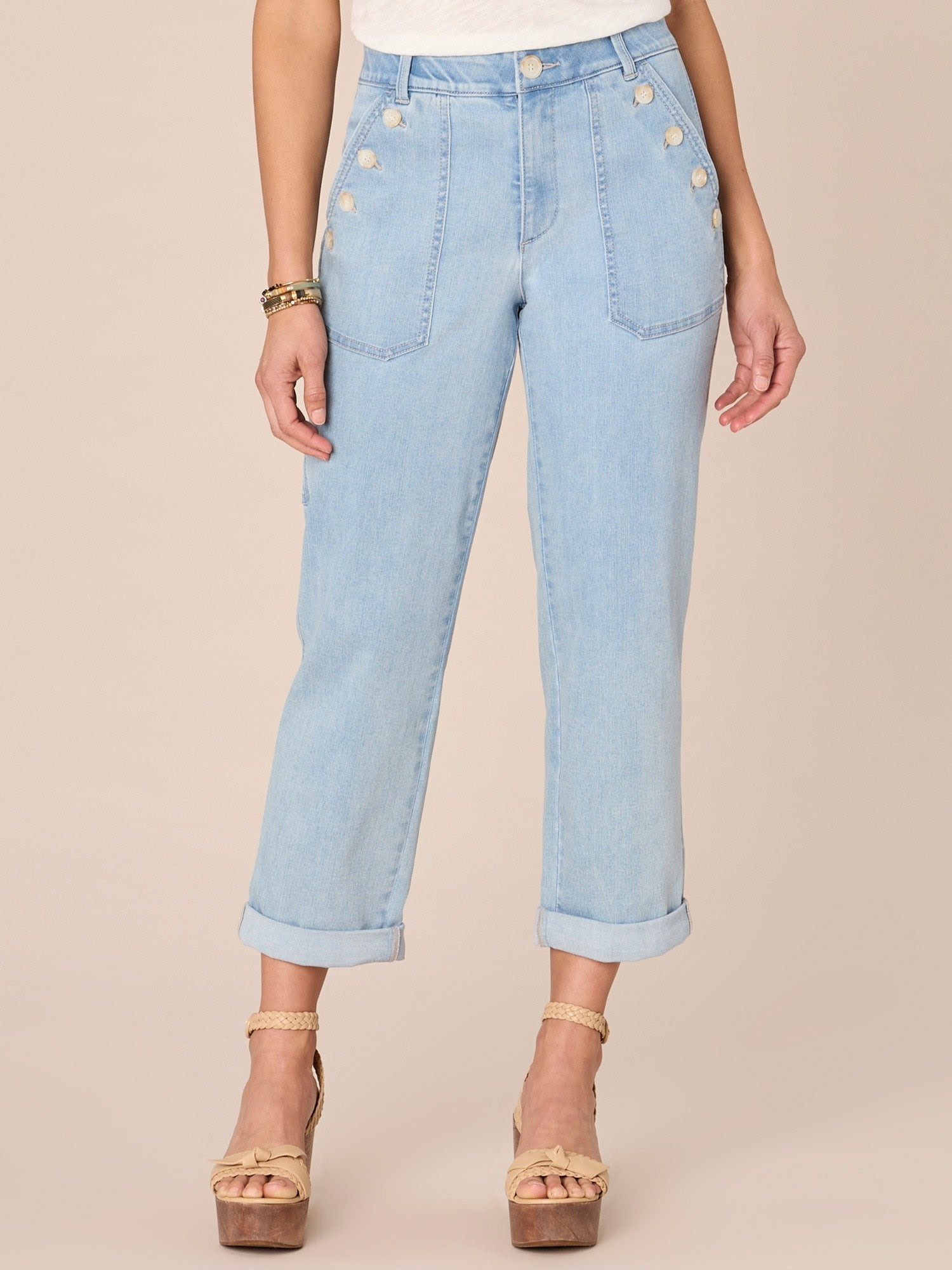 Democracy "Ab"solution High Rise Repreve Straight Leg Jean with Roll Cuff Light Blue Denim