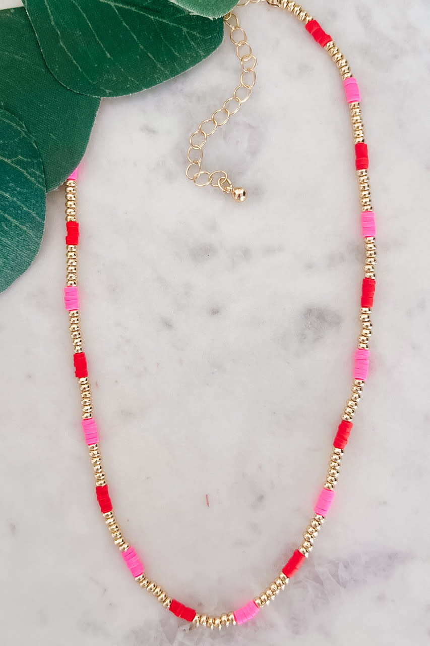 Lou & Co. Red Beaded Dainty Necklace With Gold and Rubber Beads