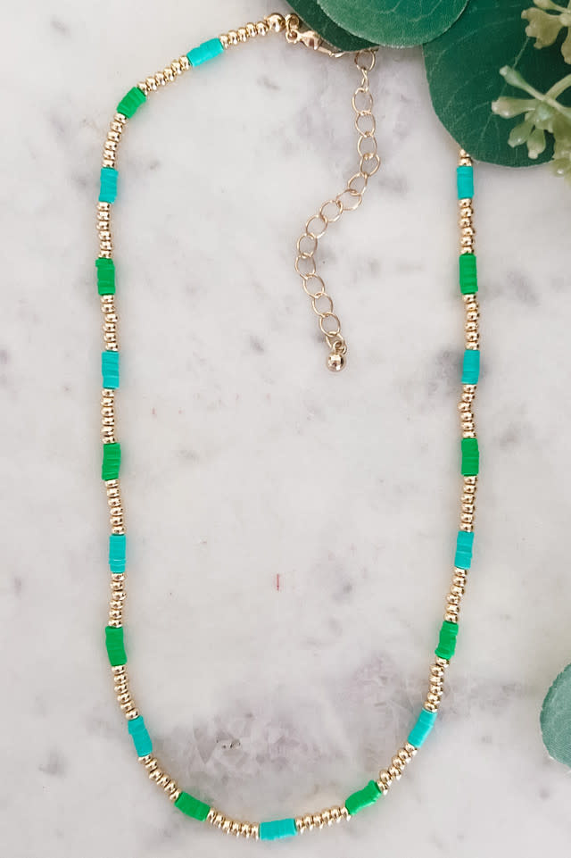 Lou & Co. Green Beaded Dainty Necklace With Gold and Rubber Beads