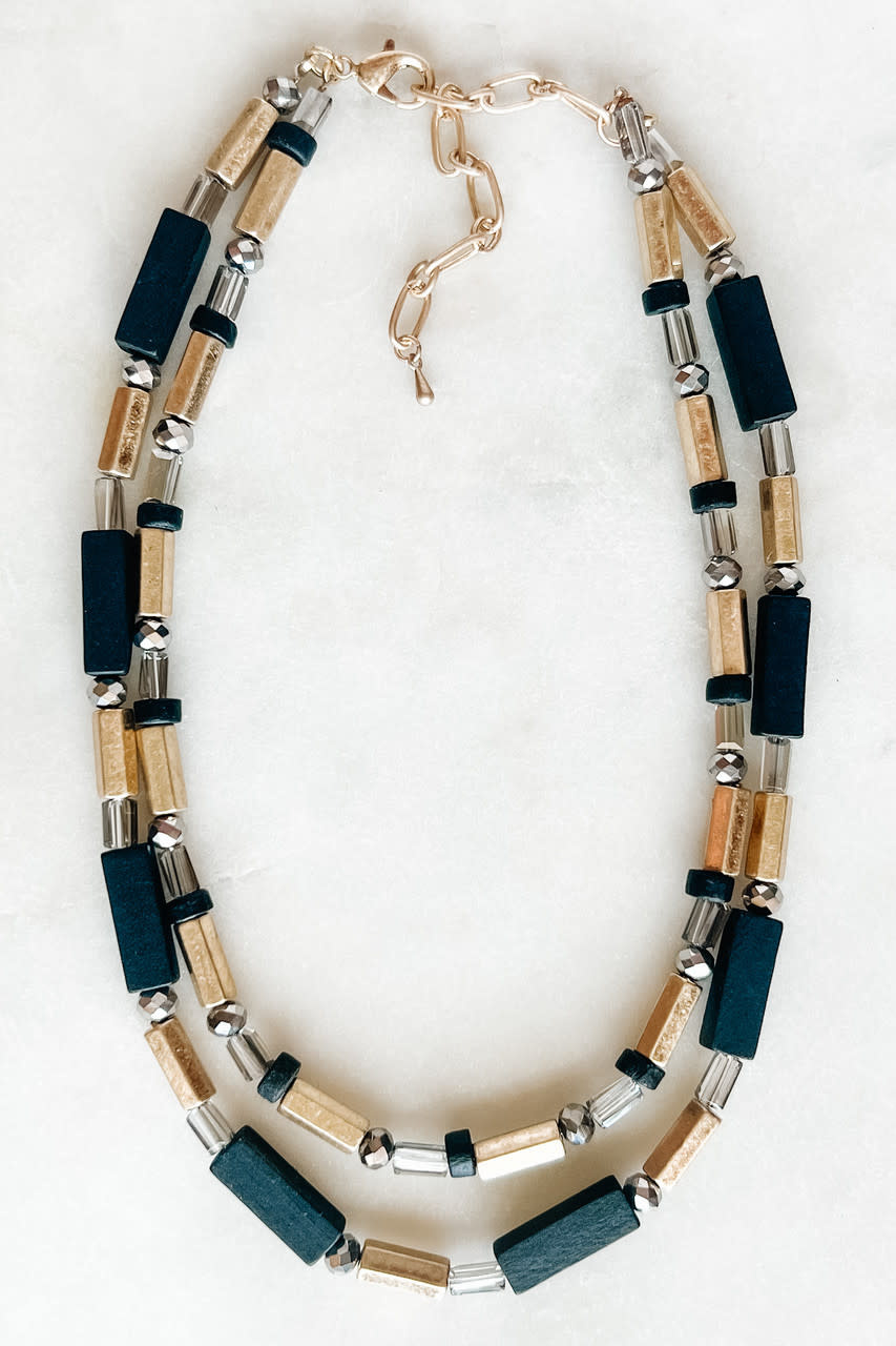 Lou & Co. Black Two Layer Worn Gold & Wood Bead Necklace