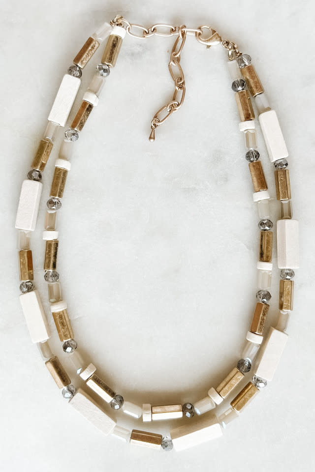 Lou & Co. Ivory Two Layer Worn Gold & Wood Bead Necklace