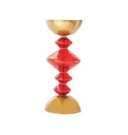 FLEURISH Large Red Glass & Antique Gold Finish Metal Pillar Candle Holder