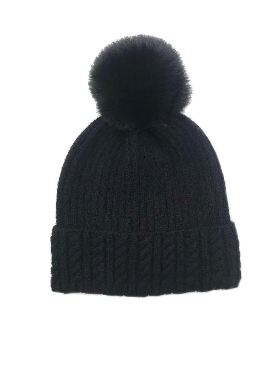 Lou & Co. Black Cable Knit Beanie With Faux Fur Pom