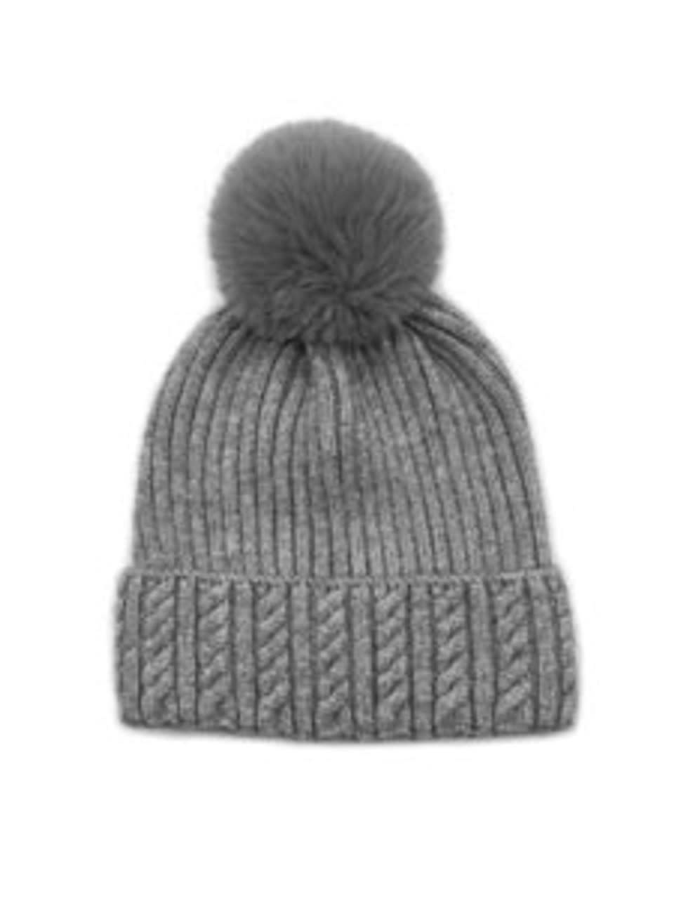 Lou & Co. Grey Cable Knit Beanie With Faux Fur Pom