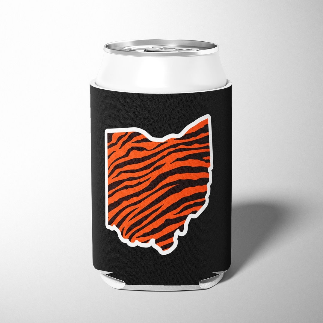 Barrel Down South Black Cincinnati Oh State Shape Bengal Stripe Can Cooler