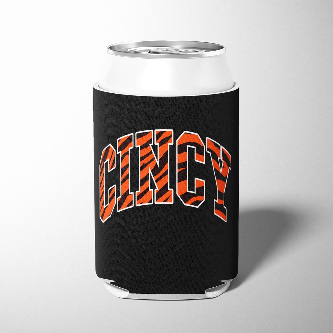 Barrel Down South Black Cincy Word Cincinnati Oh Bengal Stripe Can Cooler