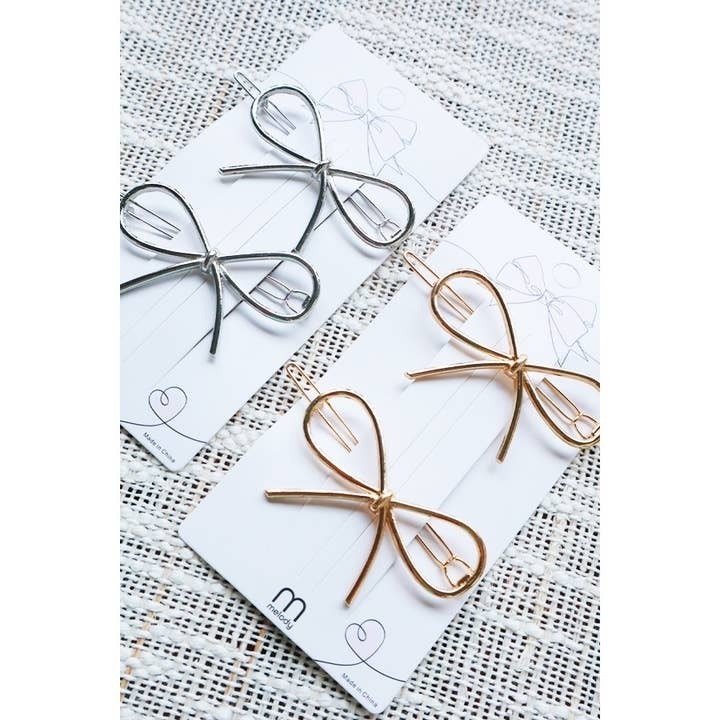 FLEURISH Metal Bow Hair Clip Set of 2  (choice of silver or gold)
