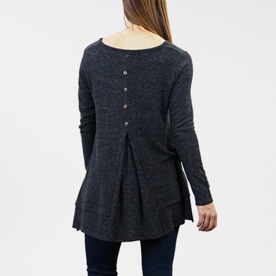 Charcoal Cozy Long Sleeve Pleat Button Back