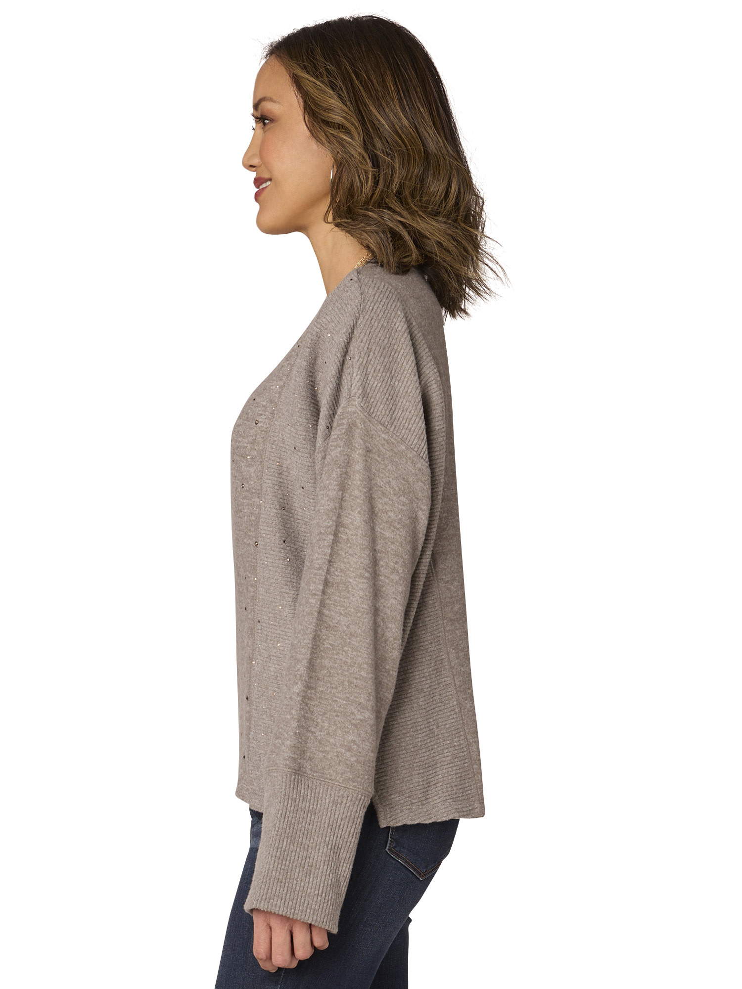 Democracy Heather Putty LS Scoop Neck Mixed Media Knit Top