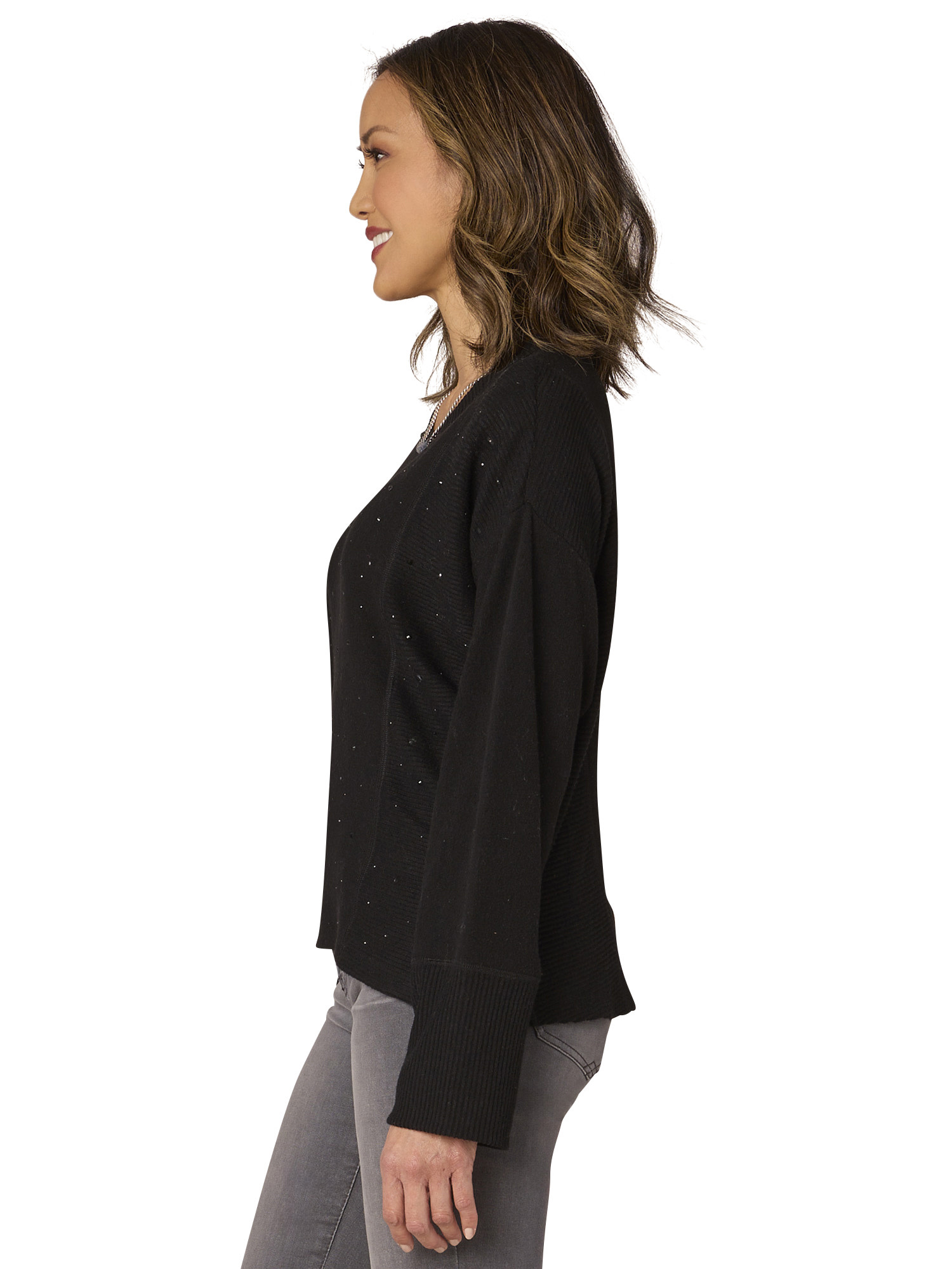 Democracy Black LS Scoop Neck Mixed Media Knit Top