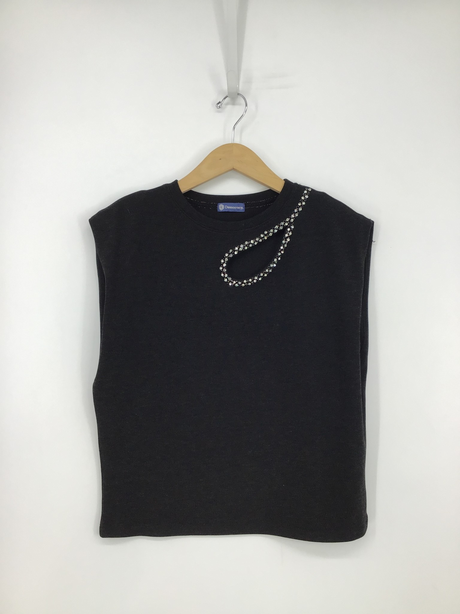 Democracy Black Extended Cap Sleeve Crew Neck Rhinestone Cut Out Knit Top