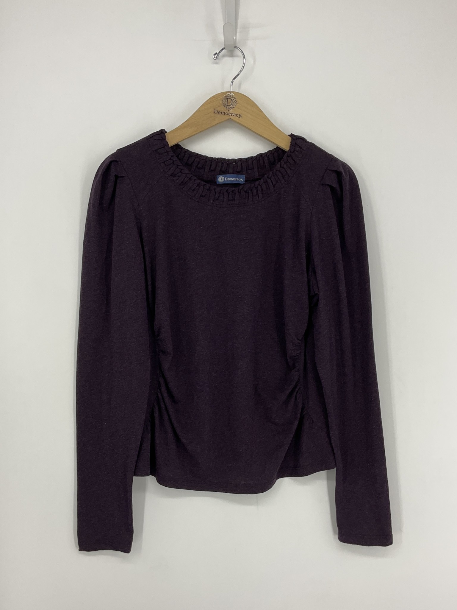 Democracy Heather Concord Grape LS Crew Neck W/ Soutache Side Ruched Knit Top