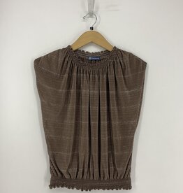 Democracy Mocha Extended Cap Sleeve Smocked Crew Neck & Hem Foil Bodre Knit Top