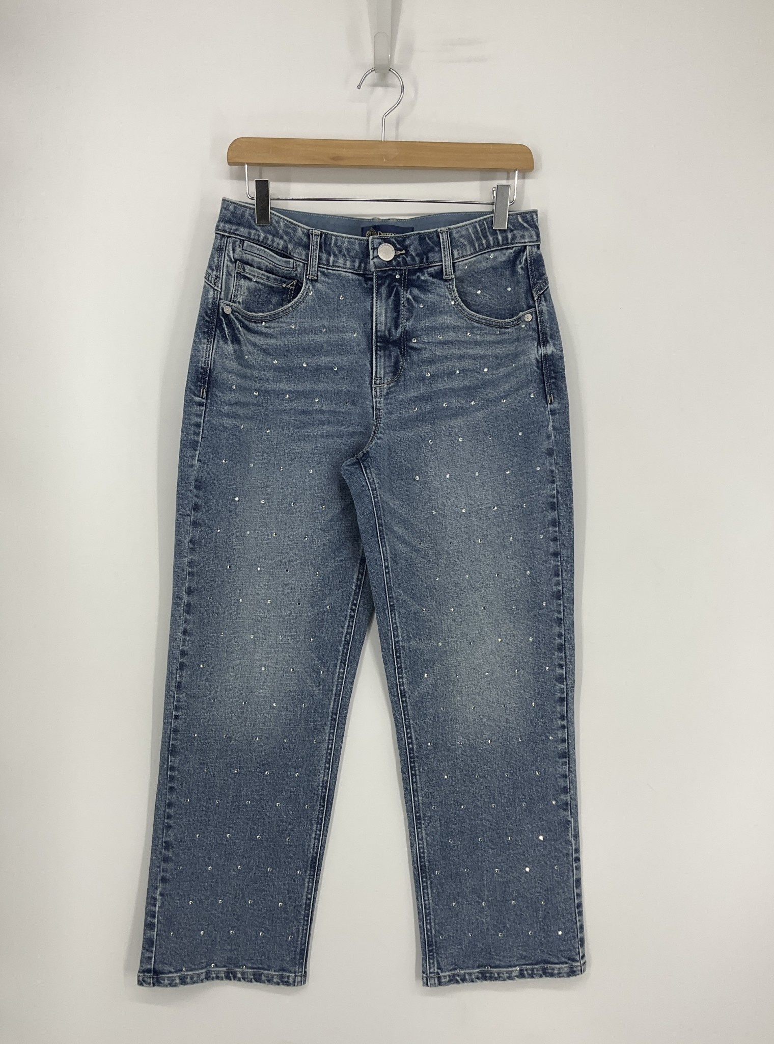 Democracy Light Blue Artisanal 27/16” “AB” Solution High Rise Round up Boyfriend W/ Rhinestones