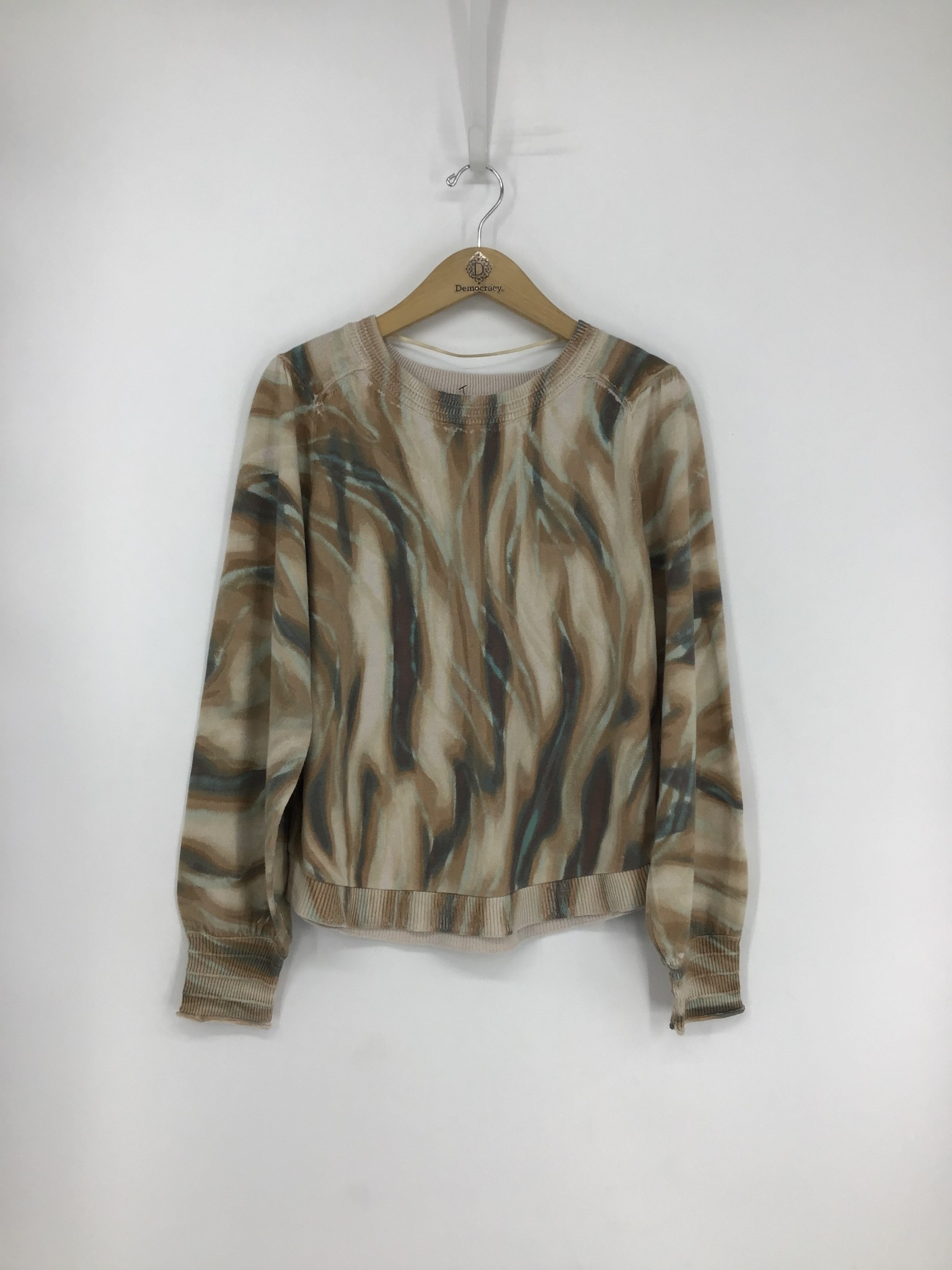 Democracy Coffee Cake Multi Long Puff Sleeve Shirttail Hem Printed Sweater