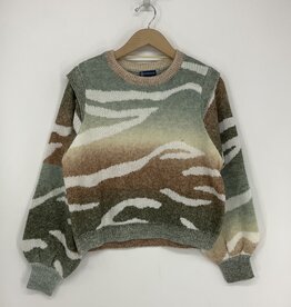 Democracy Dusty Olive Multi LS Blouson W/ Flange Round Neck Jaquard Sweater