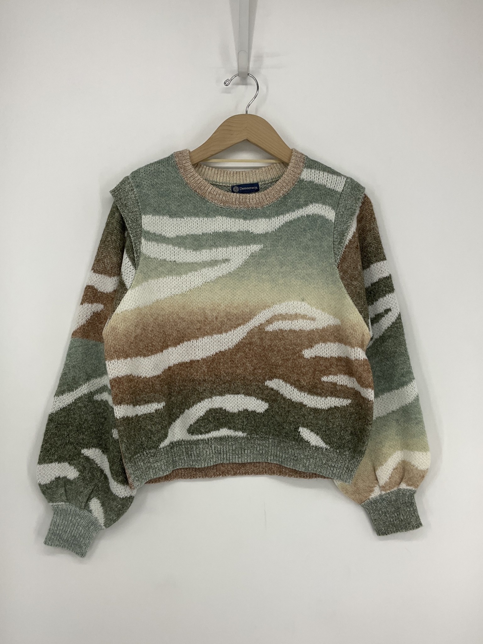 Democracy Dusty Olive Multi LS Blouson W/ Flange Round Neck Jaquard Sweater