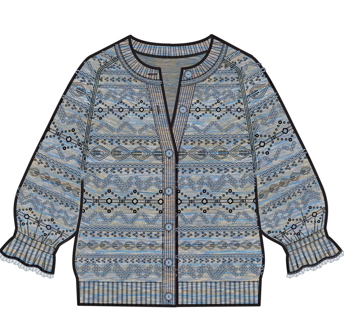 Democracy Light Blue Multi 3/4 Flounce Sleeve Space Dye Sweater Cardigan