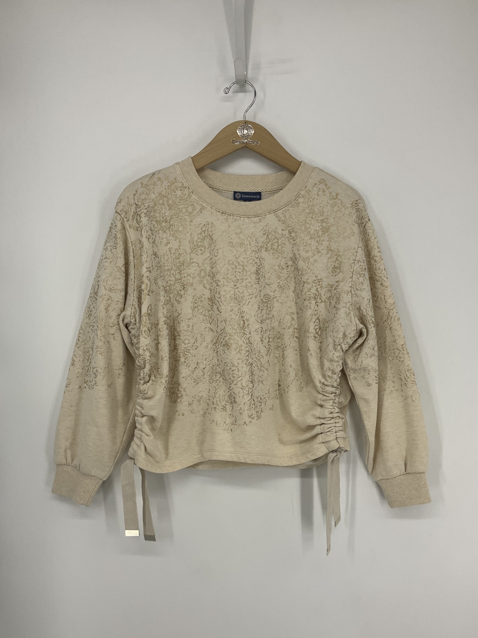 Democracy Heather Ecru/Gold LS Boatneck Drawstring Sides Knit Top