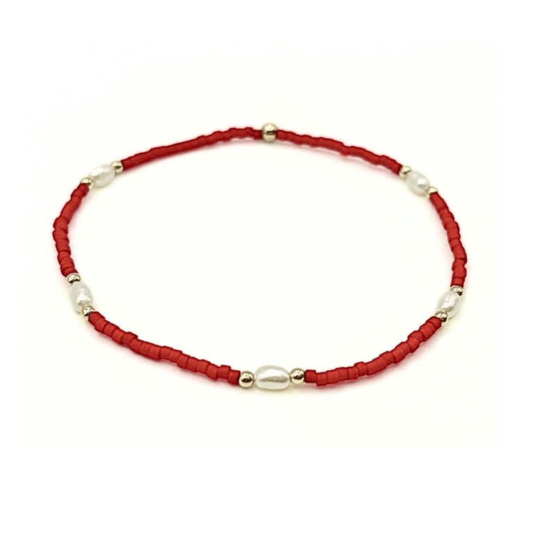Erin Gray RED Game Day Gold-Filled w Natural Rice Pearls Waterproof Bracelet