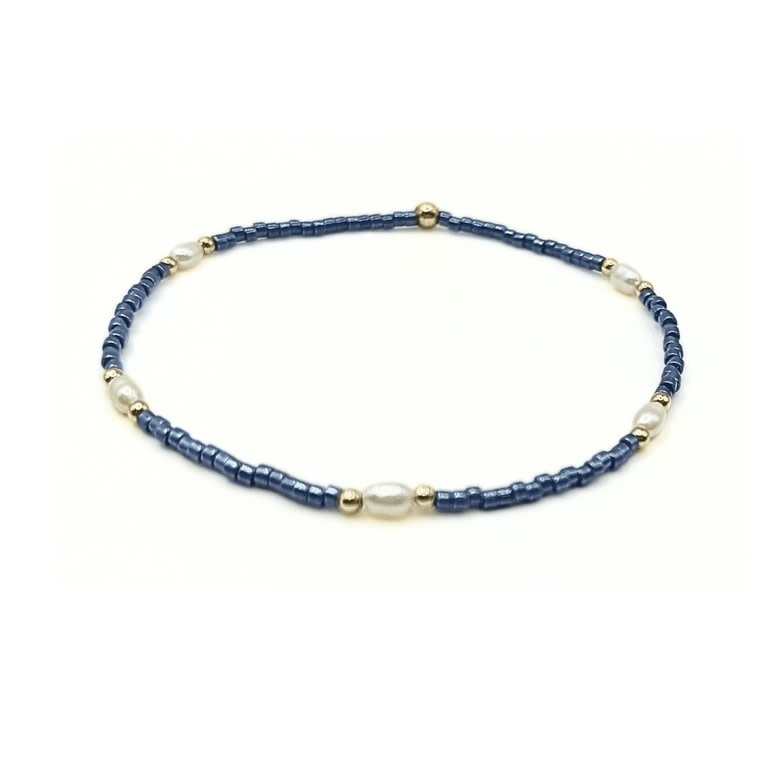 Erin Gray BLUE Game Day Gold-Filled w Natural Rice Pearls Waterproof Bracelet