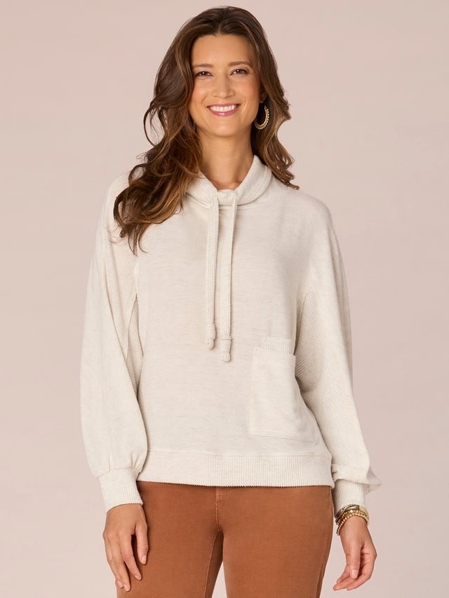 Democracy Heather Ecru Long Blouson Sleeve Banded Mixed Media Knit Top